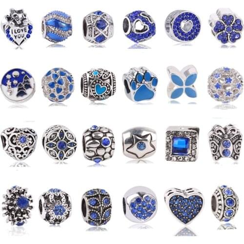 Boosbiy 2pc 45 Styles Blue Love Heart Star Charms Beads fit Brand Bracelets Necklaces For Women DIY Jewelry Gift Making