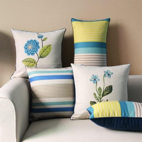 Cotton linen pillowcase cushion cover decorative striped pattern pillow cover flower lumbar pillow case