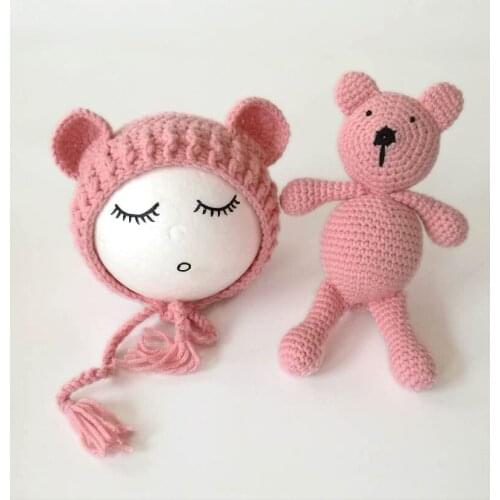 Baby Photography Props Newborn Record Growth Photography Costumes Handmade Wool Cartoon Hat Bear Doll Wool Toy For Child Photo
