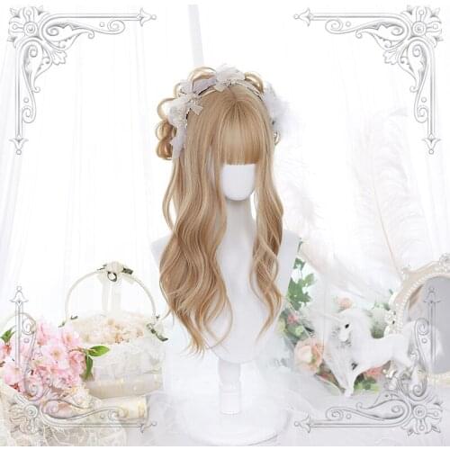 Long Wavy Bangs Female Lolita Wig Women Golden Slight Curly Wigs Cosplay Party