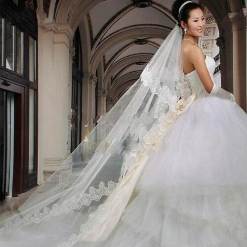 Formal Hot Selling Elegant 1 Tier Super Long 3M Cheap White Bridal Wedding Lace Edge Veil New Fashion Cathedral Train Bridal Vei