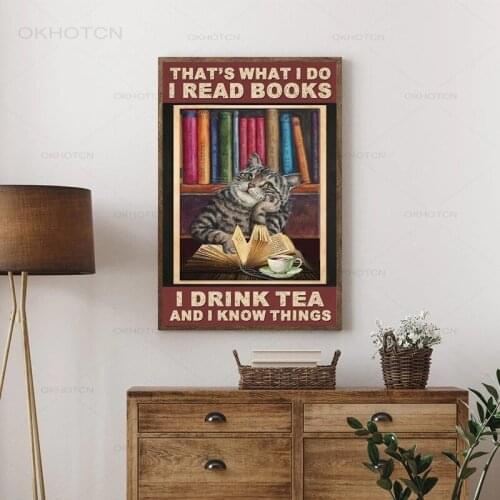 Cat Reading Book Funny Poster Vintage Prints Reading Room Library Wall Decor Librarian Bookworm Gifts Girls Room Canvas Painting