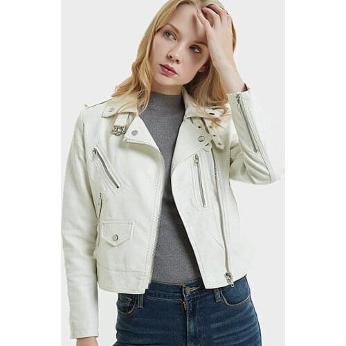 White Motorcycle Women Pu Leather Jacket Autumn Slim Short Zipper Biker Black Soft Faux Leather Jacket Fall Female Woman Coats