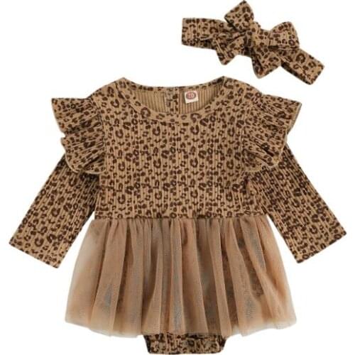 Cute Newborn Baby Girls Leopard Print Long Lace Sleeve Yarn Skirt Rompers Hairband Baby Clothes