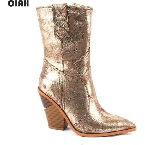 OIAH Fashion Gold Microfiber Leather Women Mid-calf Boots Pointed Toe Western Cowboy Boots Women Chunky Wedges High Heel Boots