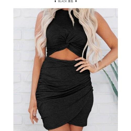 Fashion sexy bare belly tight dress womens 2021 new solid color sleeveless round neck skirt