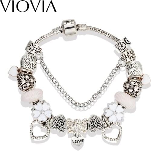 VIOVIA Brand White Flower Charm Bracelets & Bangles Fine Heart Pendant Fit Pan Original Bracelets For Women Gift Jewelry B16098