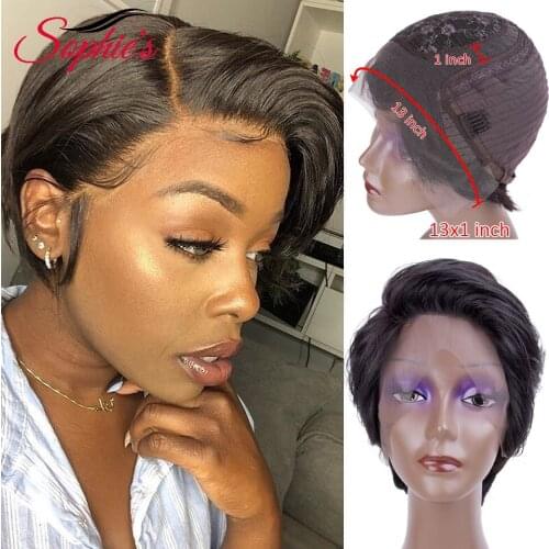 Sophies 13*1 T Lace Part Human Hair Wigs Short Wigs Brazilian Remy Hair Natural Color 5 Inch 180 Density Wigs for Black Women