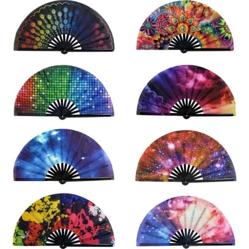 Carnival Festival Hand Stain Fan Large Folding Fan Printing Kung Fu Fan Satin Bamboo Bone Fan Gift Wedding Dance Supplies#11