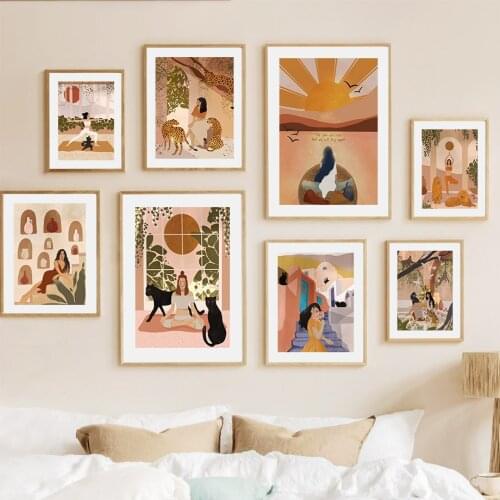 Boho Yoga Cat Woman Lion Leopard Abstract Wall Art Canvas Painting Nordic Posters And Prints Wall Pictures For Living Room Decor