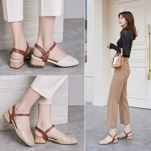 Sandals Female Leather One-word Buckle Sandals Thick Heel Non-slip Summer Female Shoes Large Size Hollow Female Sandals