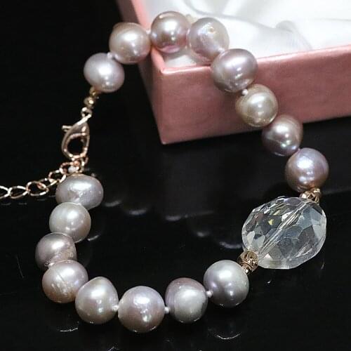 Unique Gift Purple Natural Freshwater Pearl 9-10mm Round Beads Oval Crystal Special Diy Women Bracelet Jewelry 7.5inch B1408
