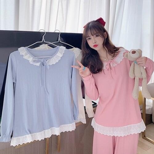 2021 Autumn Long Sleeve Sweet Lace Bow Princess Pajama Sets for Women Cotton Sleepwear Pyjama Homewear Pijama Mujer Home Clothes