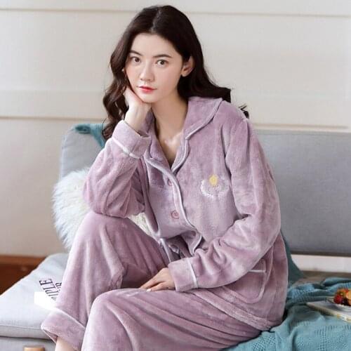 Womens Sleepwear Winter Flannnel Pajamas Set Long Sleeved Pyjamas Home Clothes For Women Cartoon Animal Nightwear Lounge Wear