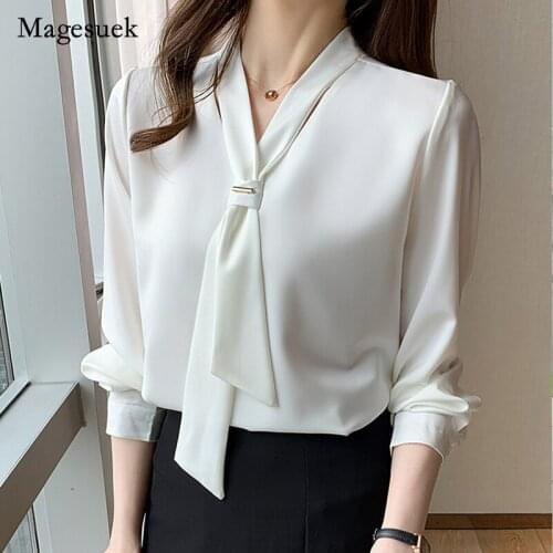Office Lady Long Sleeve Solid Shirts with Tie 2021 Autumn New Chiffon Women Blouse and Tops V Neck Loose Female Clothing 13022
