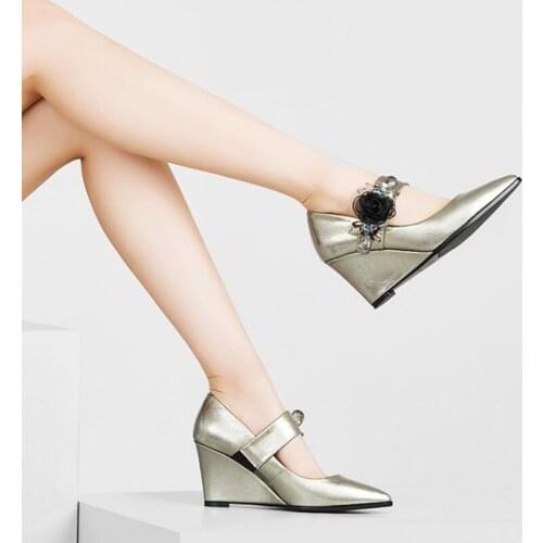 Brand New Rhinestone Flower Wedge Shoes Women Pumps Pointed Toe Genuine Leather Shoes Woman High Heels Elegant Shoes Women
