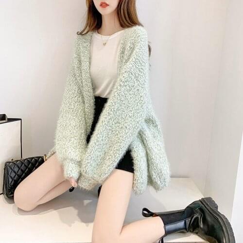 Ladies Fluff Sweater Cardigan Coats Thicken Autumn Winter Jacket Women Knitted Jackets Loose Korean Version 2021 New e448