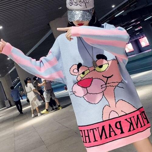 Harajuku Autumn Winter New Korean Version of Cartoon Letters Pink Leopard Printed Sweater Loose O-Neck Knitted Sweater Women