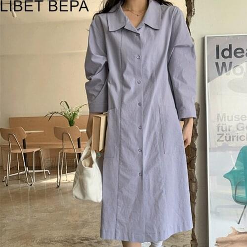 2021 New Womens Summer Autunm Shirt Dresses High Waist Vintage Single Breasted Oversize Korean Elegant Lady Long Dress DR3331