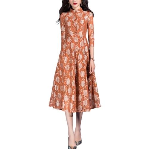 2021 Spring New Fashion High Quality A Line Orange Lace Floral Dress for Women