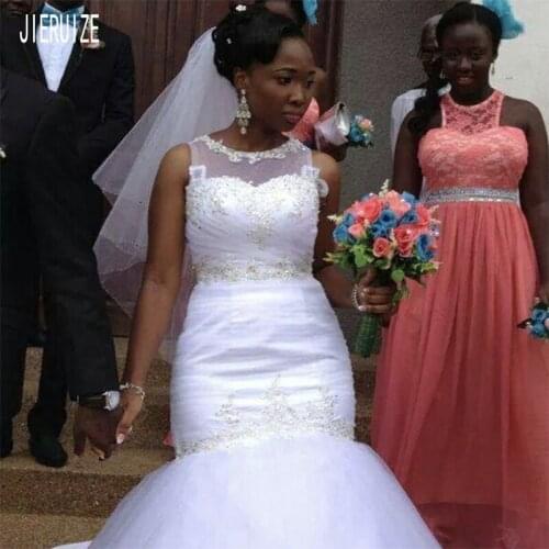 JIERUIZE Luxury Beaded Mermaid Wedding Dresses Sheer Jewel Neck Mermaid African Bridal Gowns vestidos de novia robe de mariee