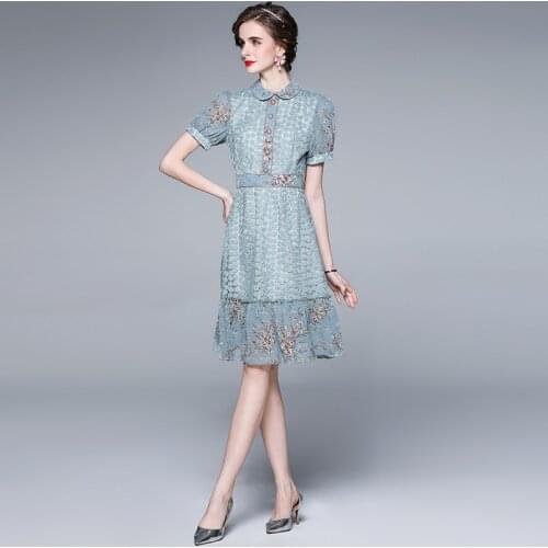 2021 New Fashion Designer Summer Puff Sleeve High Waist Embroidery Floral Print Patchwork Vintage Mermaid Dresses Vestidos