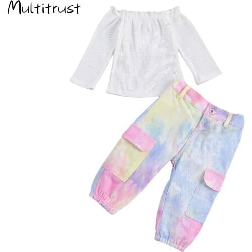 Fashion 1-6Y Toddler Kids Baby Girls Off Shoulder Long Sleeve Knitted T Shirts Tops+Camouflage/ Leopard/Tie Dye Print Pants 2pcs