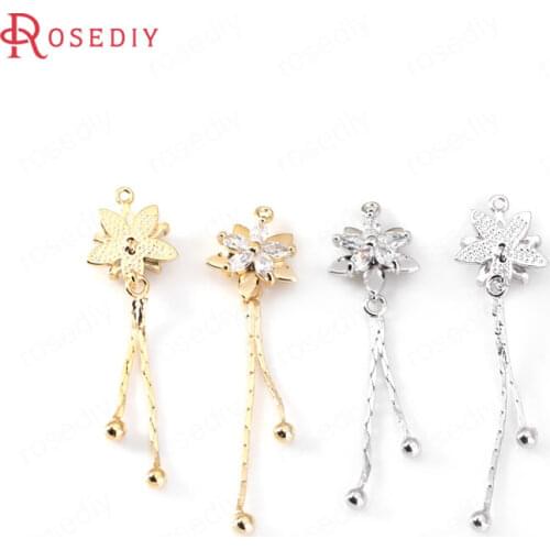 34487)4PCS 11*40MM 24K Gold Color Brass and Zircon Flower 2 Lines Tassel Charms High Quality Diy Jewelry Findings Accessories
