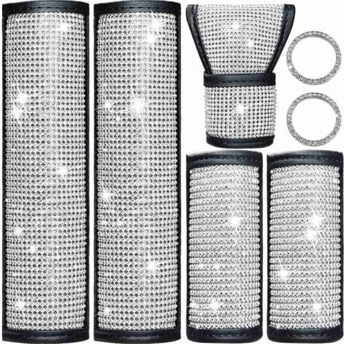 7 Pcs Car Accessories for Women Bling Rhinestones Door Handle Cover Crystal Shift Gear Cover Handbrake Cover for Car