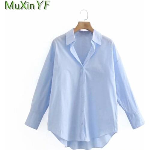 2021 Womens Spring Autumn Solid Poplin Shirts Office Lady Polo Collar Full Sleeve Blue Blouse Work Single Breasted Tops Female