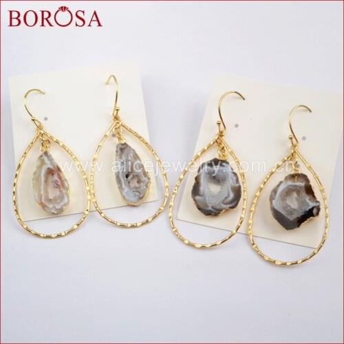BOROSA 5Pairs Freedom Agates Druzy Slice Teardrop Dangle Earring Natural Drusy Stone Charm Earrings Gifts for Women Lady G1581