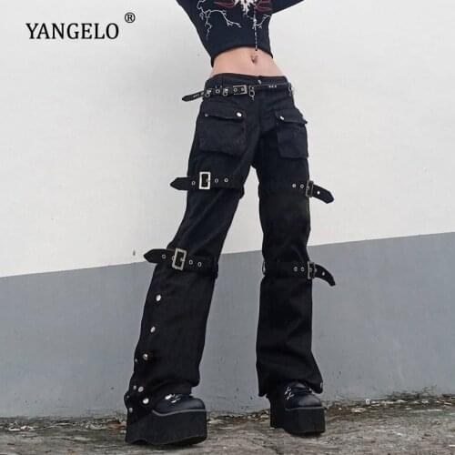 Yangelo Y2K Punk Black Buckle Pants Harajuku High Waist Big Pocket Trousers Goth Mall Grunge Cargo Pants Techwear Women