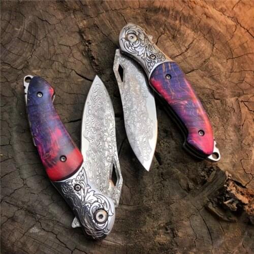 Damascus Folding Pocket Hunting Outdoor Camping Knife wood handle Survival Rescue EDC Tool Multi color Knife