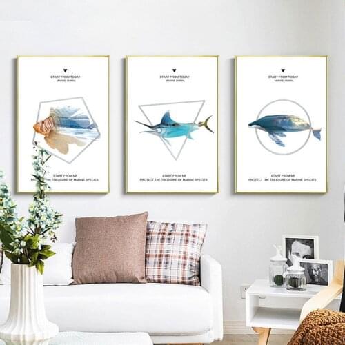 Geometric Pattern Fish Living Room Decoration Abstract Animal Waterproof Murals Canvas Painting Wall Pictures for Living Room