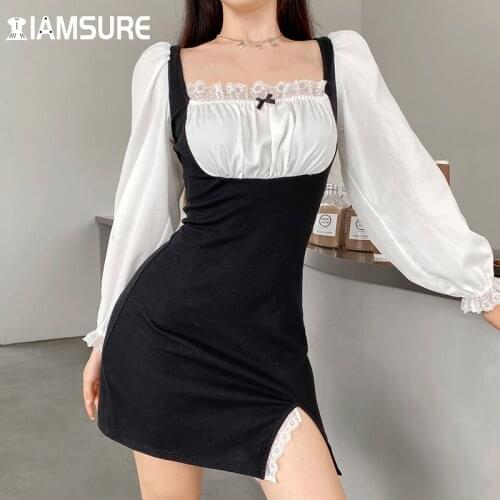 IAMSURE Vintage Lace Trim Mini Dress With Slit Square Collar Long Puff Sleeve Patchwork Dresses Elegant Lady 2021 Fashion 90S