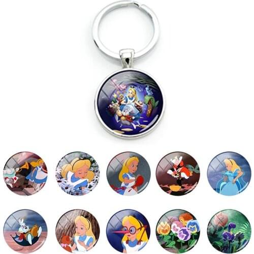Disney Alice in Wonderland Creative Design Keychains Glass Dome Pendant Cabochon Key Chain for Girlfriend Gifts Jewely DSN557