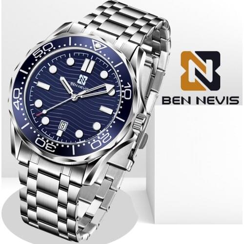 2021 Mens Quartz Watch BENNEVIS Top Brand Luxury Watches Mens Stainless Steel Strap Blue Dial Waterproof Calendar Wristwatches
