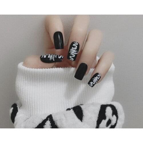 24pc/Box press on nails White Dark black Punk tip nail pre design acrylic nail tip Full Cover Fake Nail with Glue