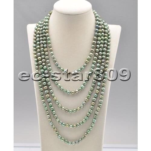 P6742 Long 17“-100" 8mm Green Round Freshwater Pearl Necklace Choker