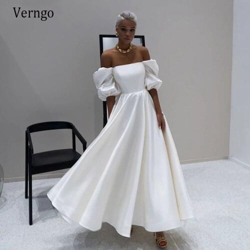 Verngo Simple A Line Satin Wedding Dress Off the Shoulder Short Puffy Sleeves Ankle Length Bride Party Gowns 2021 Formal Wear