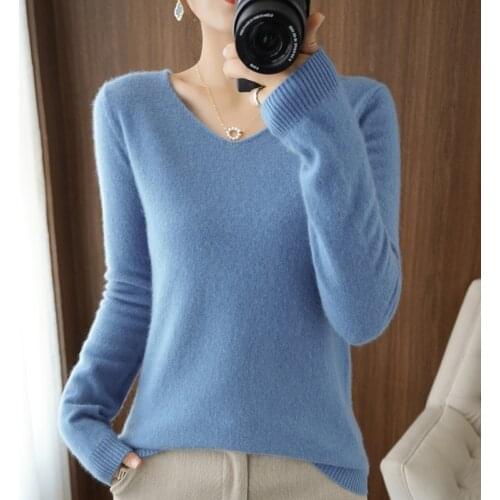 SZDYQH 100% Pure Wool Sweater Women Pullover 2021 Autumn Winter New V-Neck Warm Soft Knitted Pullover Female Solid Casual Jumper