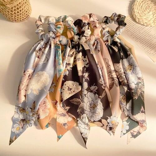Fashion Print Silk Hair Scrunchies Ponytail Holder Bow Elastic Hair Accessories For Women Scarf Bow Tie Hair Band Headwear Gift
