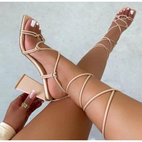 Termainoov Women Sandals High Heels Triangle Heel Lace Up Square Toe Lace Up Sexy Sandal Party Big Size 42 Dress Shoes