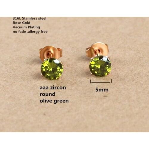Titanium Stud Earrings 5 mm Olive Green AAA Zircon 316 L Stainless Steel Rose gold-color Plating No Fade Allergy Free