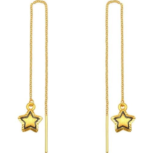 Solid 999 24K Yellow Gold Earrings Women Fashion Star Dangle Earrings Long Earrings 1.95g