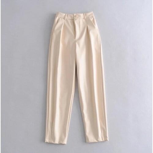 Za Vintage Stylish Pu Leather Pockets Pants Women Fashion Hight Waist Ankle Trousers Sweatpants Casual Pants