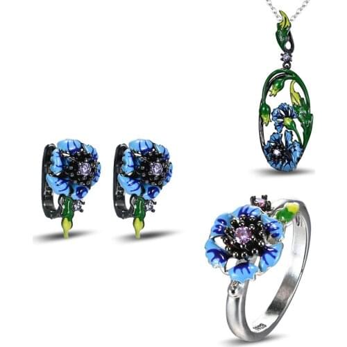 Handmade Enamel Art Blue Cornflower Flower Ring Earrings Necklace Set 925 Silver