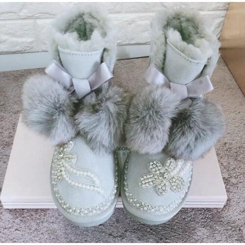 Handmade sequins pearl plus velvet fur fox fur ball snow boots womens booties