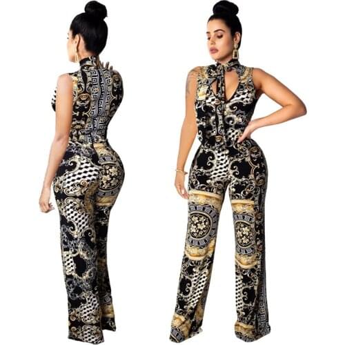 European and American Hot Selling Bodysuits Sexy Fashion Digital Printing Sleeveless Womens Jumpsuits