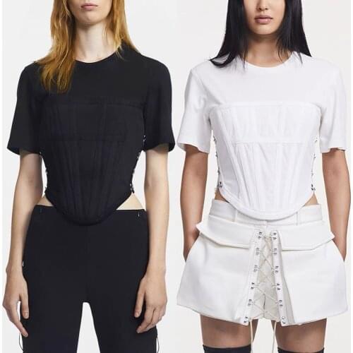 2021 Summer New Elegant Minority Fishbone Thin Bra T-Shirt Fashion Avant-Garde Thin Commuting Simple Short Sleeve Cotton